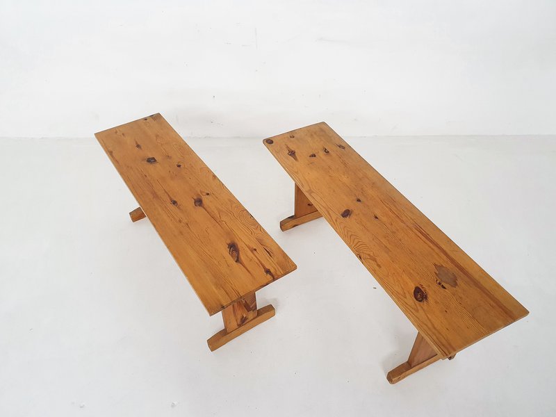 Scandinavian modern pinewood benches, 1960's