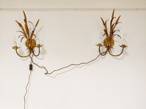 Vintage gilt metal sheaf of wheat wall lamps, 1960s