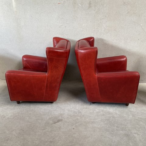2x Baxter Ox-blood Red Leather Lounge Chairs "Bergère" By, Italy