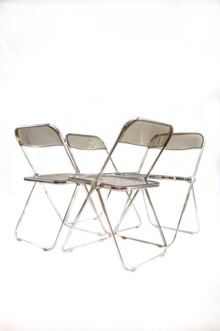 Set of 4 Smoked Plia folding chairs by Giancarlo Piretti for Castelli