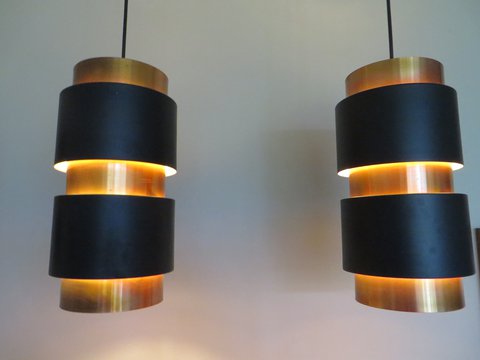 Jo Hammerborg / Fog & Morup - 3 Deense metalen sixties lampen met koper & zwarte ringen