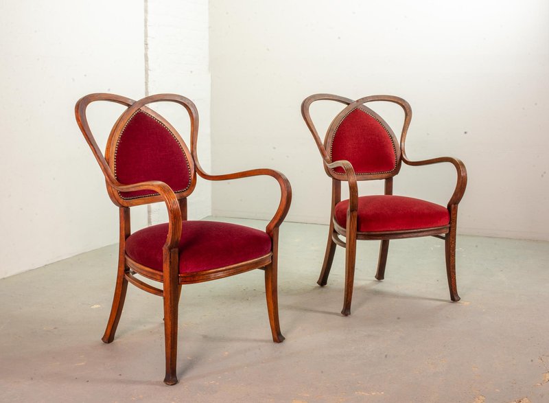 2 Red Velvet Heartshaped Wooden Side Chairs, 1950s