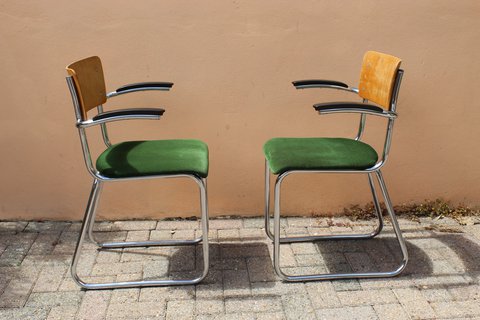 2 Vintage buizenframe leraren/bureaustoelen Gispen stijl.