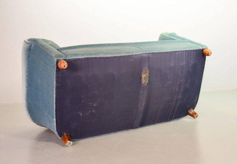 Chesterfield Duotone Two-Seat Victorian Sofa in Frosted Blue and Moss Green Velvet, 1950s. Ref. SS058