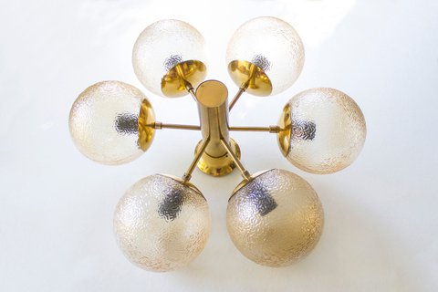 Vintage messing & amber glazen bollen plafondlamp VEB