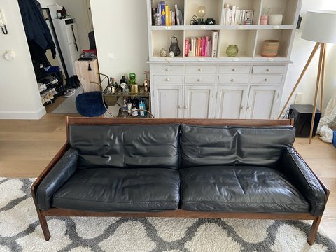 Scandinavian Couch - Black Leather and Rosewood