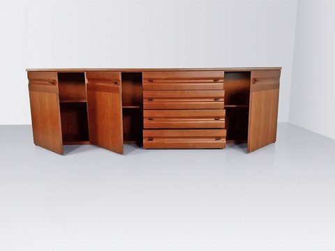 Gavina Italy sculpted walnut and leather credenza