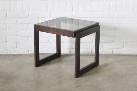 Mid Century dark wood side table smoked glass