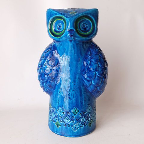 Aldo Londi, Rimini blue glazed ceramic owl designed by Aldo Londi for Bitossi Italy.