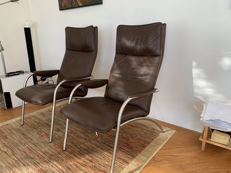 2 de Sede armchairs DS270 aluminum frame, bruin leer