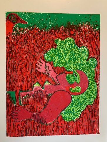 Handgesigneerd; Guillaume Corneille (1922-2010) Lithografie In de oneindige verticaliteit van het gras de vrouw 1972