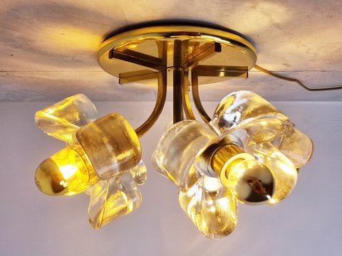 SiSche Simon und Schelle Mid-Century Modern Brass & Glass ceiling light, 1960s