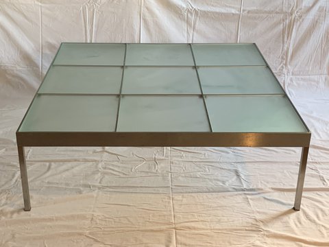 Salontafel in matglas en geborsteld aluminium, 110x110x35cm