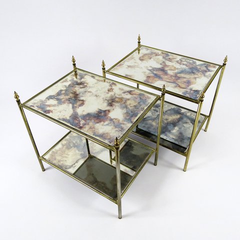2x French brass and mirror side tables, set