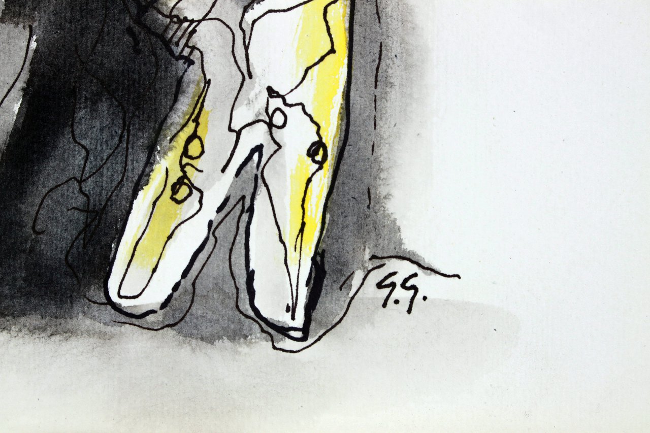 Image 3 of Gérard Grassère, farbige Federzeichnung - Mann mit Vogel ("Im Gespräch").