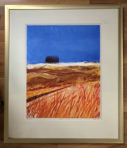 Color etching: Cypresses Tuscany. Signed and framed.
