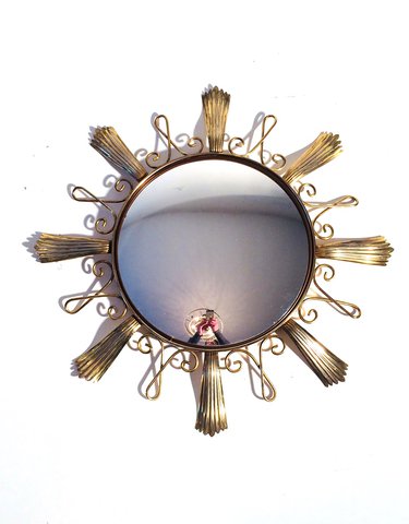 50s Deknudt Vintage Zonnespiegel 55 cm * Hollywood Regency * Witch-eye Sun Mirror