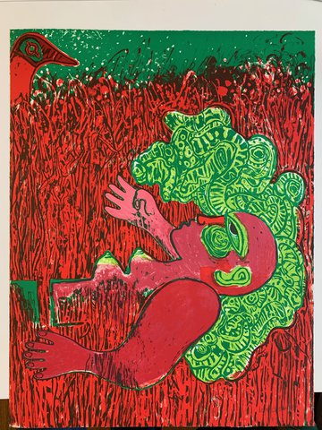 Handgesigneerd; Guillaume Corneille (1922-2010) Lithografie In de oneindige verticaliteit van het gras de vrouw 1972