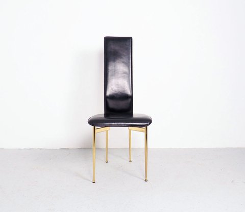 7 Fasem S44 black leather and brass vintage design chairs