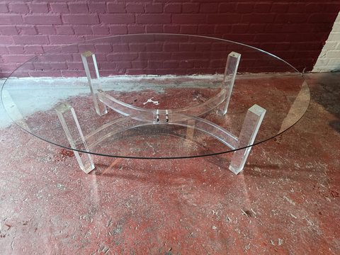 Stylish 1980s large glass and lucite coffee table side table console table