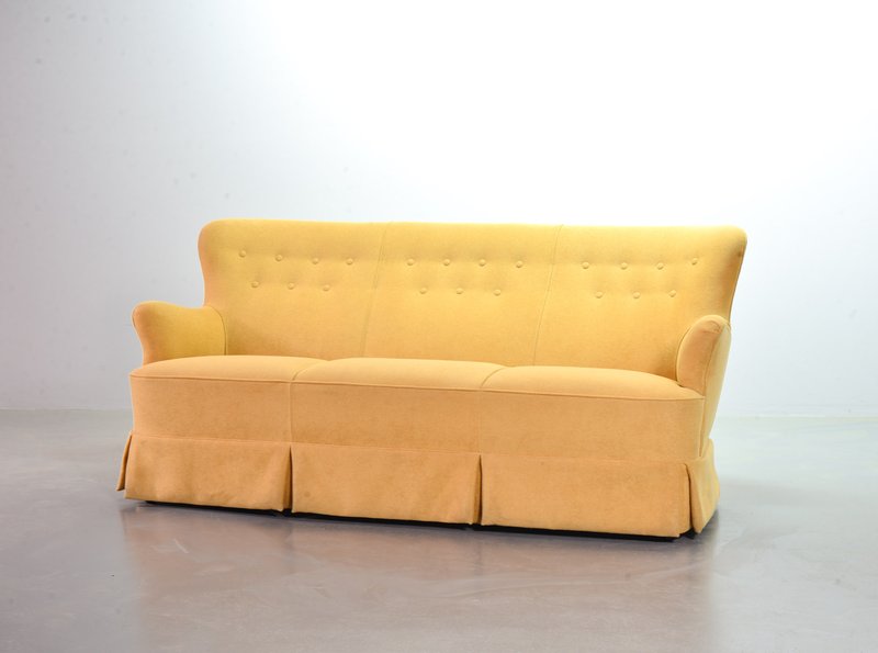 Artifort Theo Ruth Three Seat Sofa in Goldenrod Soft Yellow Velvet Fabric. Dutch Design, 1950s.