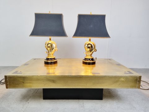 2x Brass Horse Head Table Lamps, 1970s Belgium