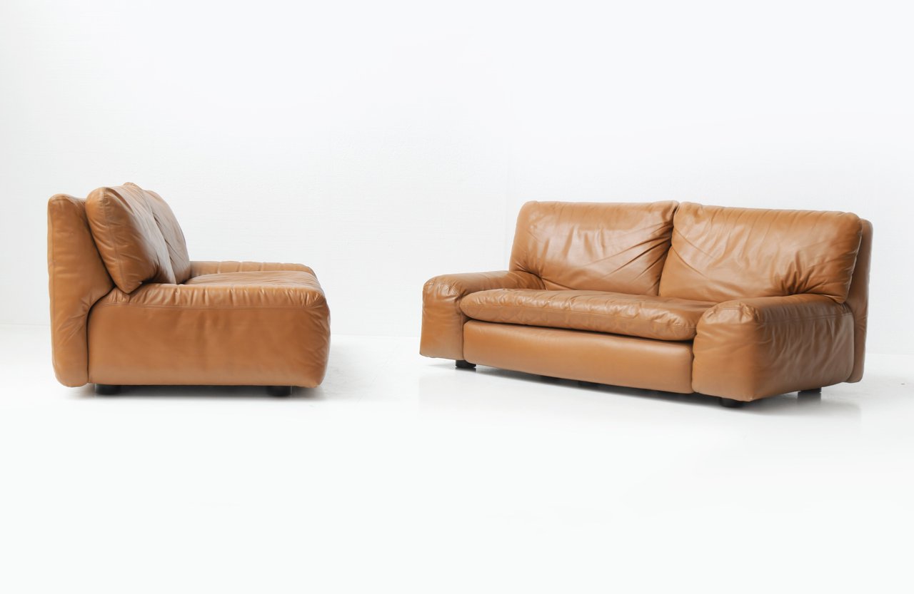 Image 2 of Set Bengodi vintage cognac leather sofas by Cini Bouri for Arflex Italy