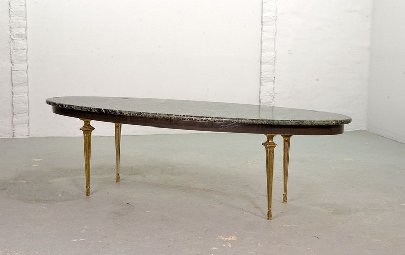 Green Marble Oval Coffee Table Mid-Century Design with Decorative Brass Feet, France, 1950s