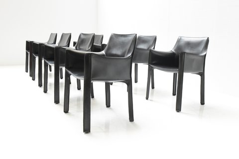 8x Cassina Italy Black Leather Cab 413 Armchairs By Mario Bellini