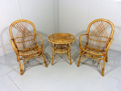 2x Vintage bamboe stoelen met tafel, set