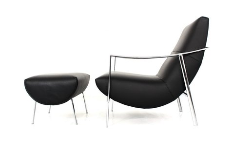 exclusive Italian Bontempi "Atul" lounge chair + ottoman in leather and chrome