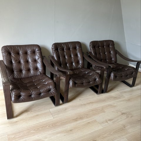 2x leather 'safari' armchairs, by OY BJ Dahlqvist for BD Furniture