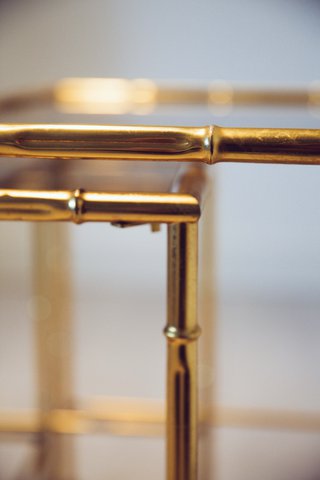 3 Vintage tables from France, in Bamboo Brass color Gold with smoked glass on top
