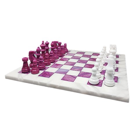 Vintage Pink and White Chess Set in Volterra Alabaster Handmade Made in Italy