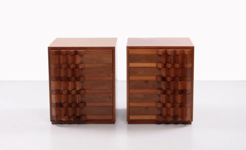 Luciano Frigerio Brutalist solid wood bedside tables 1970 Italy.