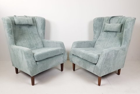 2 x Artifort armchair design Theo Ruth light blue corduroy