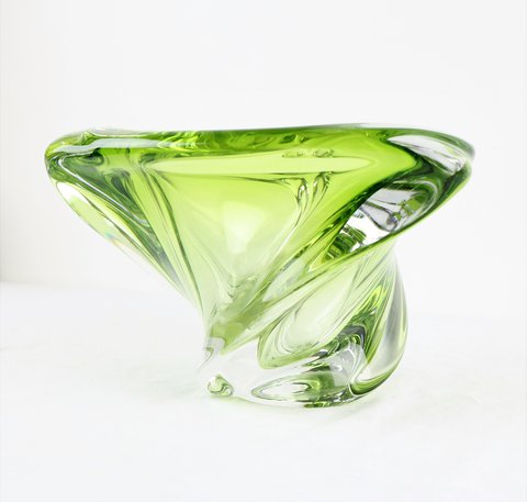 Val Saint Lambert Grüne Kristall-Obstschale mit Wirbel-Design