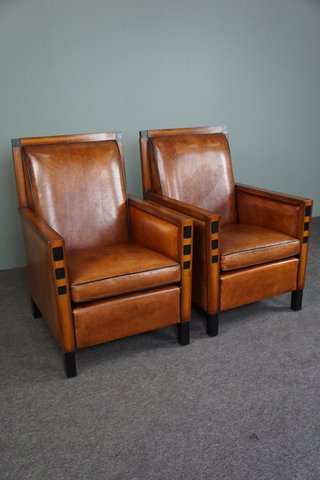 Satz Sessel im Art Deco -Design aus Schafsleder