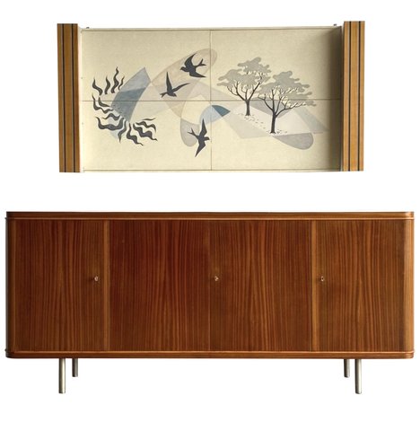 Vintage Sideboard and Matching Decorative Art Piece from the Cruise Liner "SS Rotterdam"