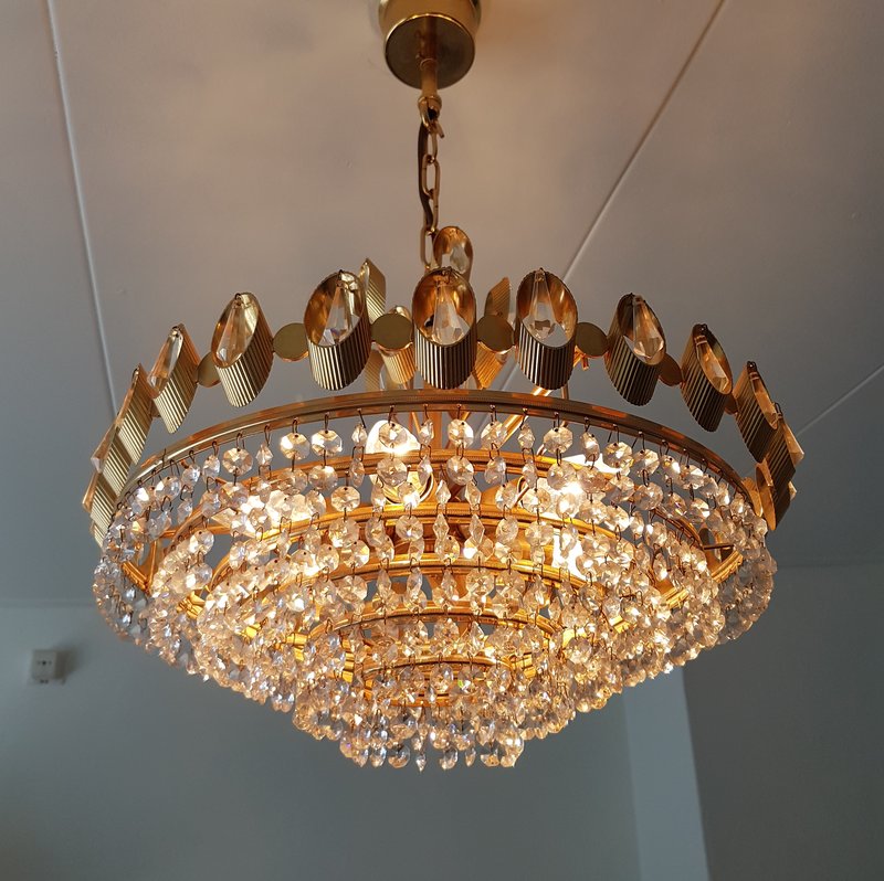 Palwa gold-plated & crystal hanging lamp, 1960s