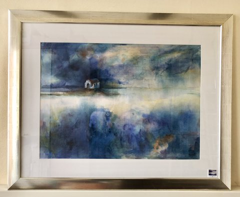Margo Ellen Church on the water Watercolour. Signed. Framed.