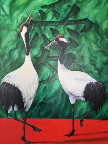 Judith van der Meer | schilderij van twee kraanvogels