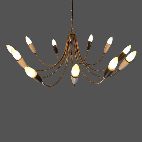 Vintage jaren 50 MCM Plafondlamp - In de stijl van Stilnovo - XL kroonluchter - Gerestaureerd / Gepolijst - 12 lampen