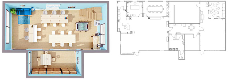 WiggleDesk supports 3D and traditional floorplans for hybrid working