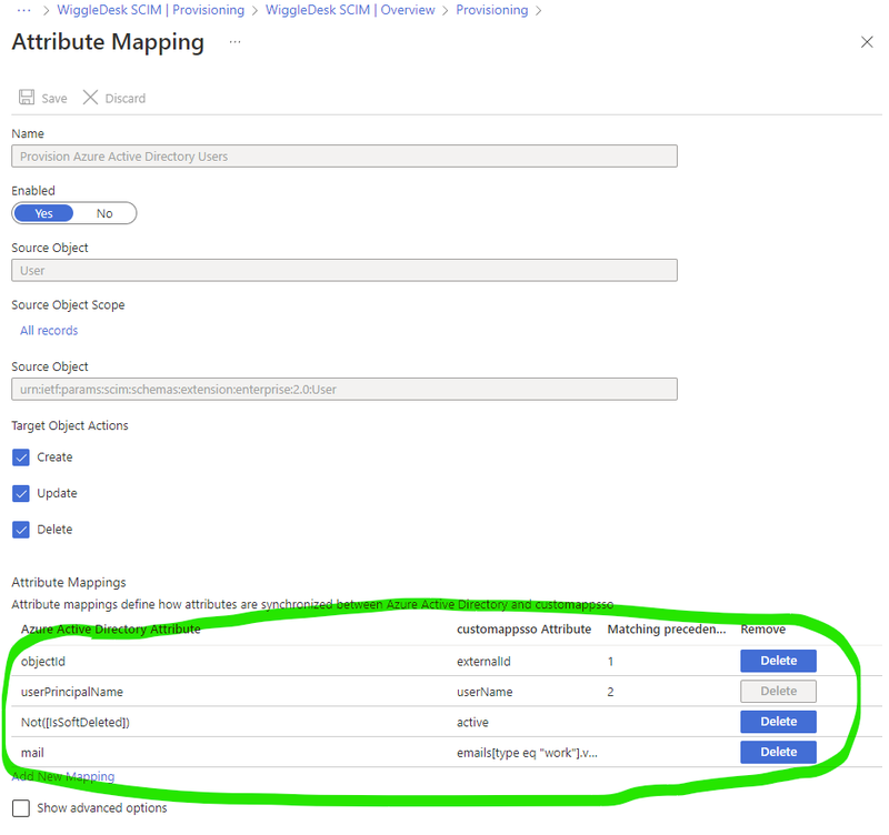 user scim attribute mappings from azure to WiggleDesk