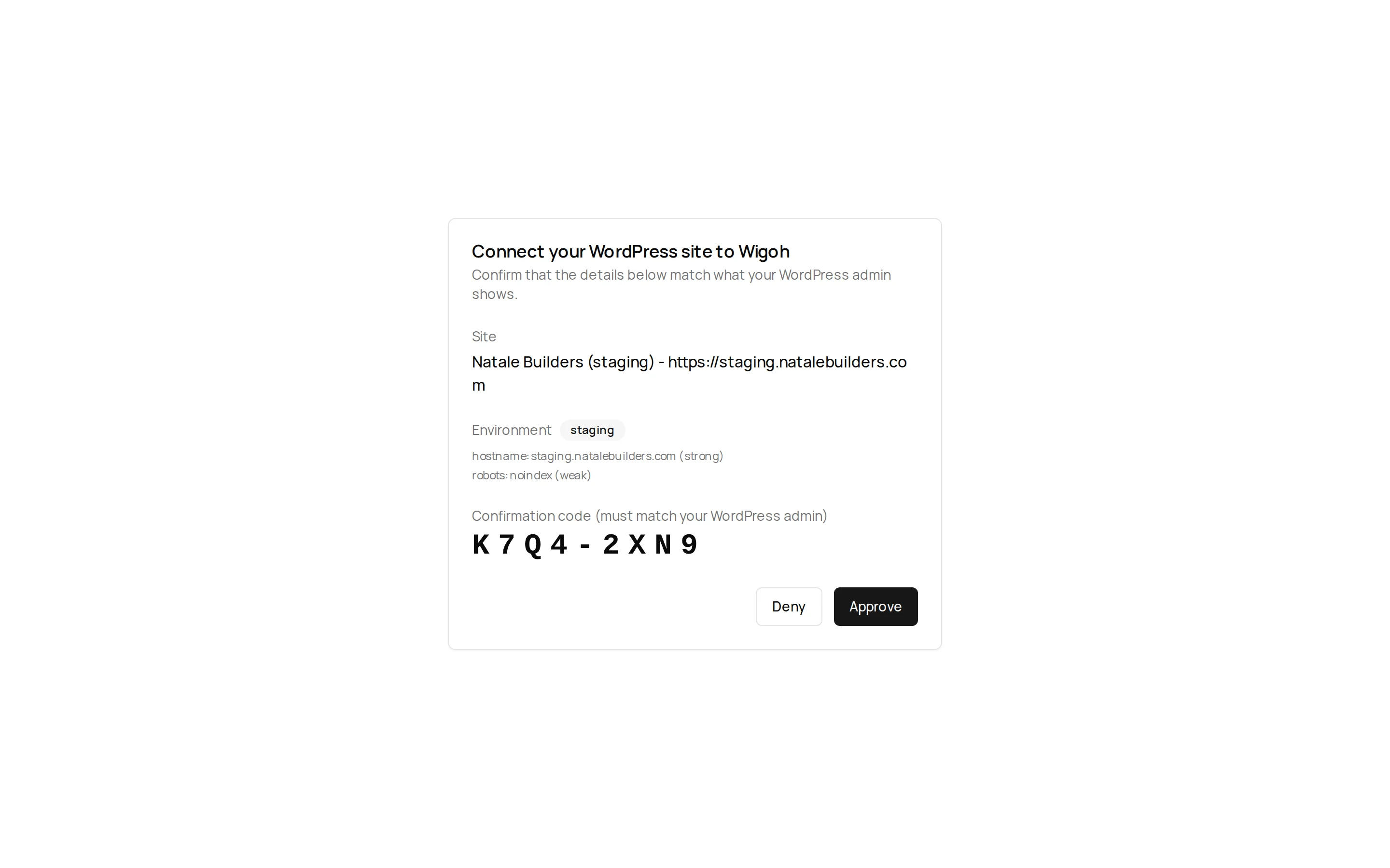 The Connect your WordPress site to Wigoh approval page with the confirmation code