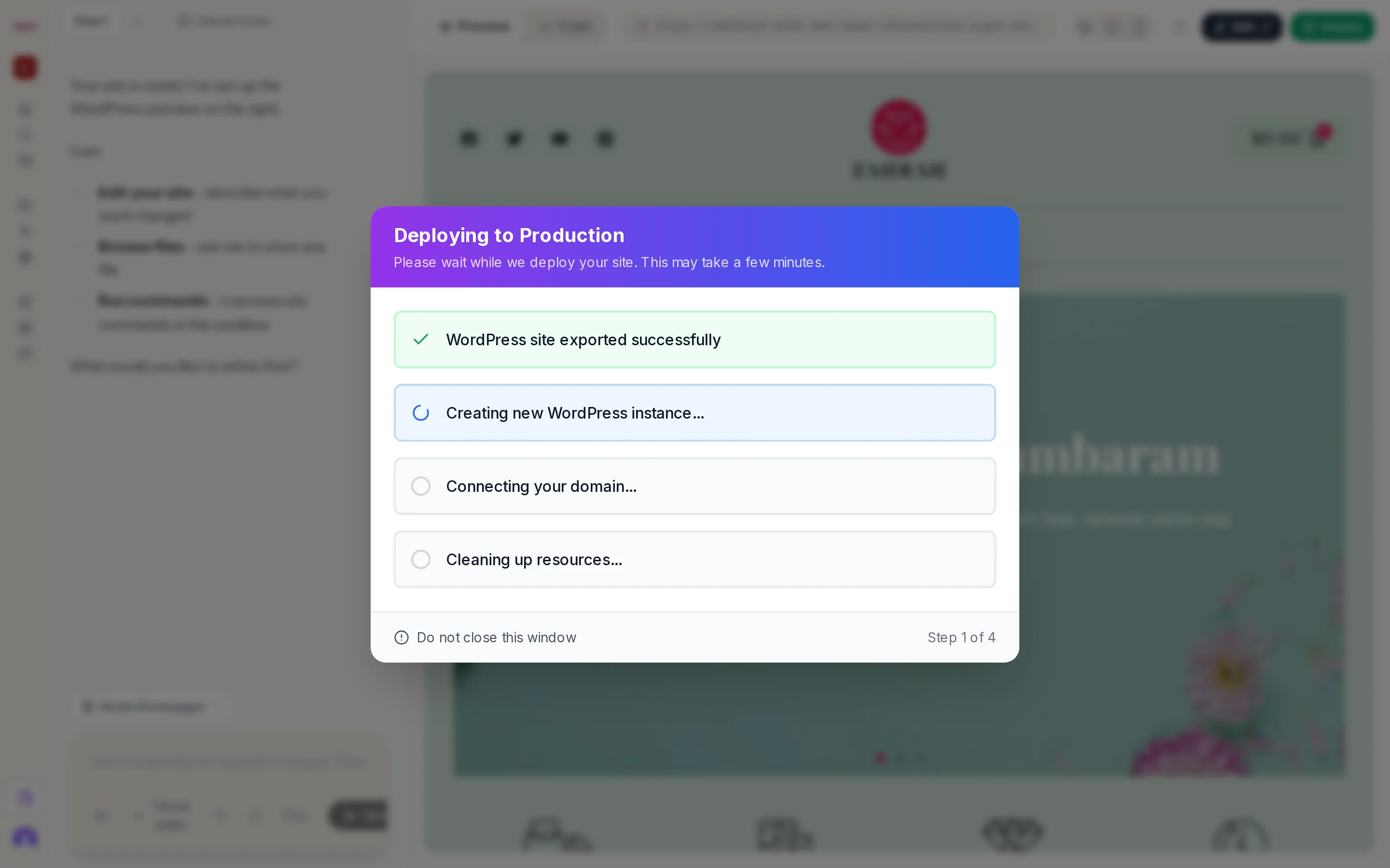 The Deploying to Production dialog with four steps