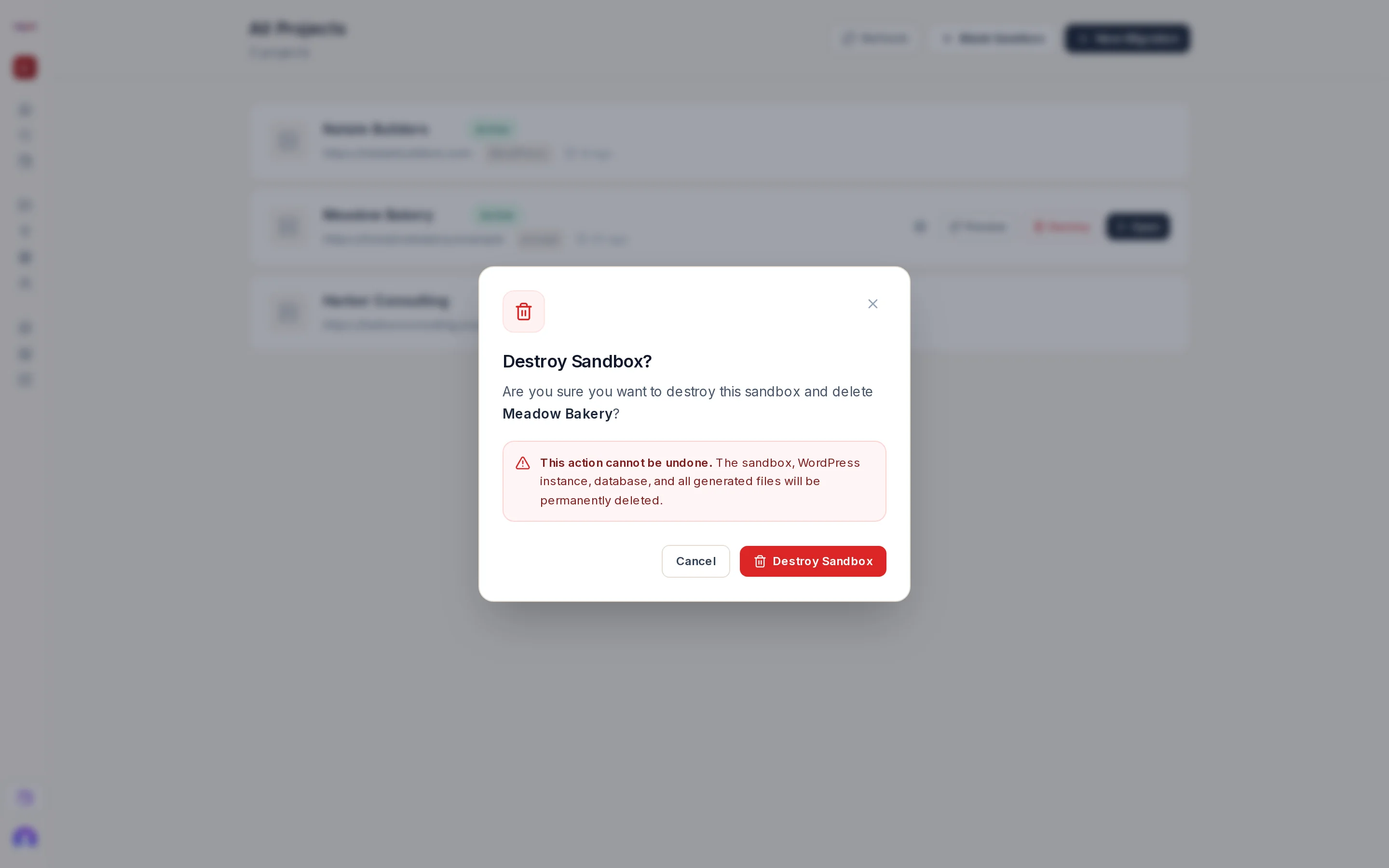 The Destroy Sandbox confirmation dialog