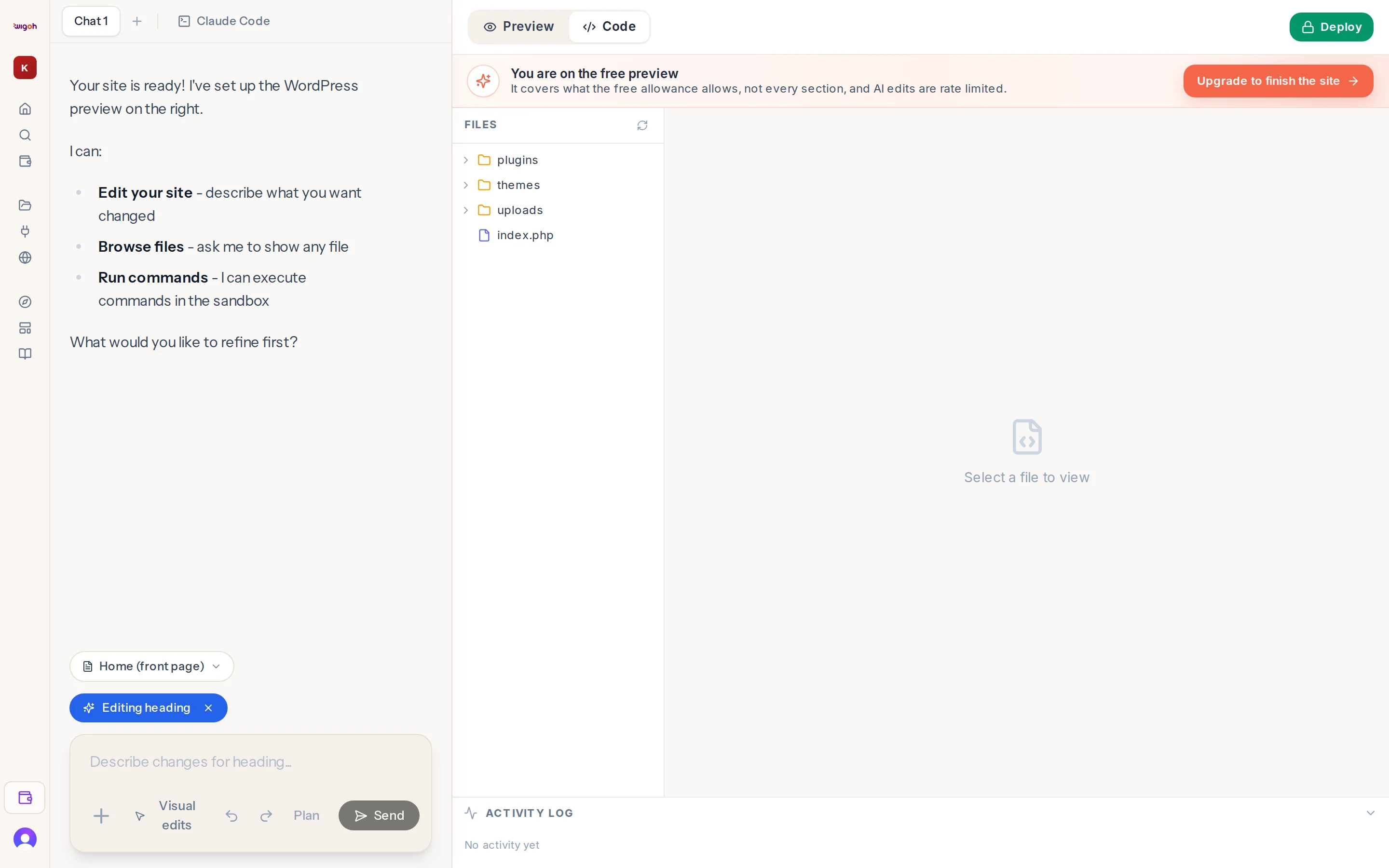 The code view with the file explorer, the code viewer and the activity log
