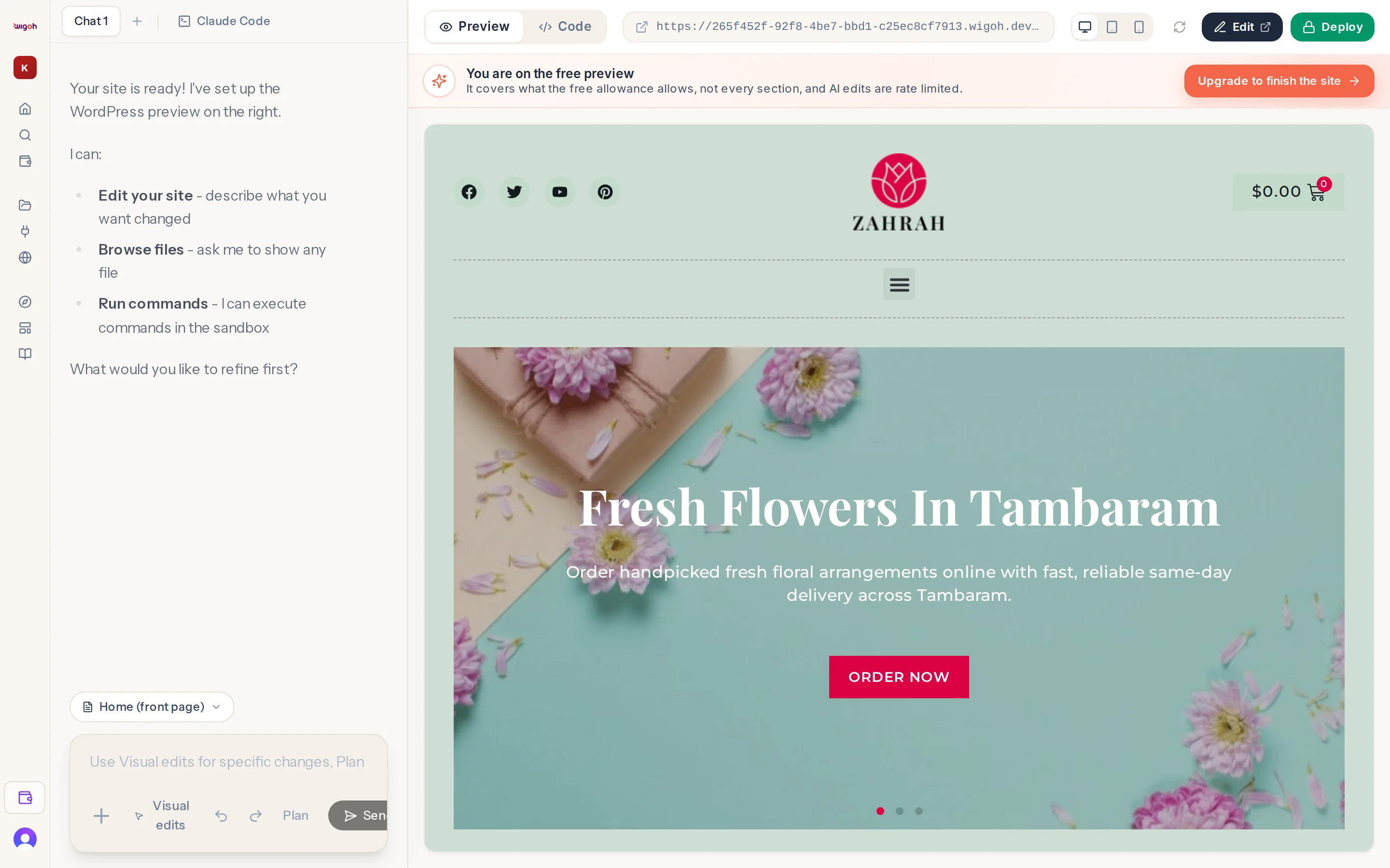 The editor with the chat on the left and the site preview on the right